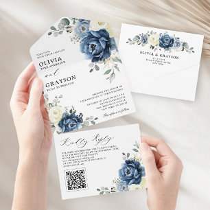 Invitation Tout En Un Dusty Blue Navy Champagne Ivory Mariage QR Code