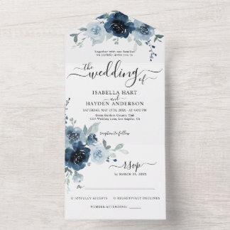 Invitation Tout En Un Dusty Blue Navy Floral Boho Botanical Wedding RSVP