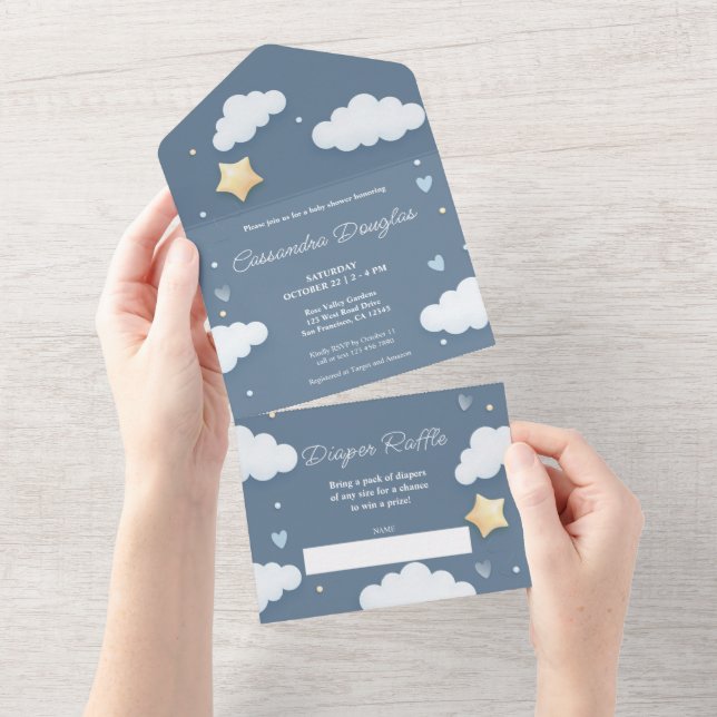 Invitation Tout En Un Dusty Blue Nuages Bonjour Baby shower (Déchirure)