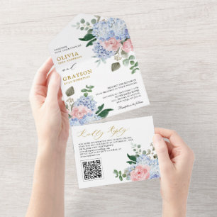Invitation Tout En Un Dusty Blue Pastel Pink hydrangeas Mariage QR Code