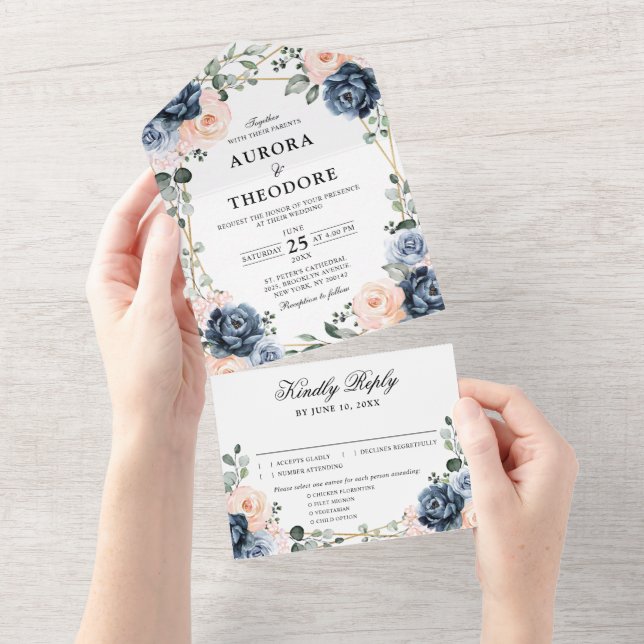 Invitation Tout En Un Dusty Blue Peach Blush Mariage floral géométrique  (Déchirure)