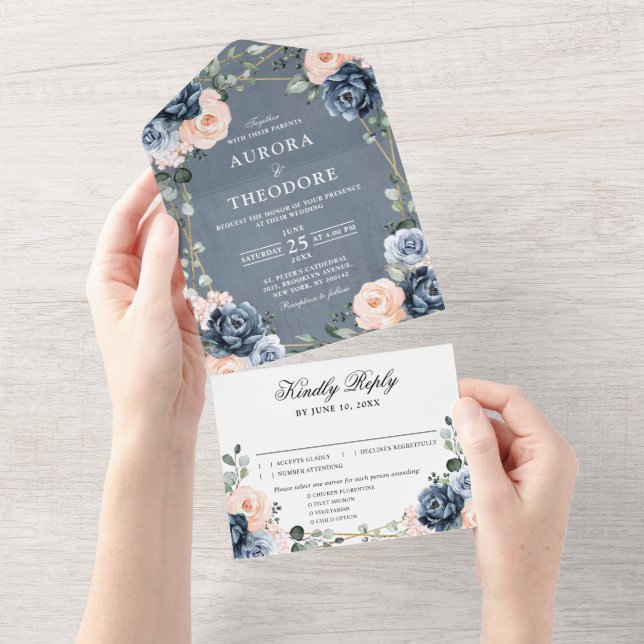 Invitation Tout En Un Dusty Blue Peach Blush Mariage floral géométrique  (Déchirure)