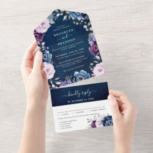 Invitation Tout En Un Dusty Blue Purple Navy Lilac Blooms Mariage Tout D