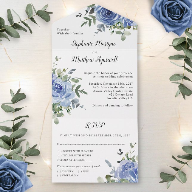 Invitation Tout En Un Dusty Blue Rose Eucalyptus Mariage botanique (Créateur téléchargé)