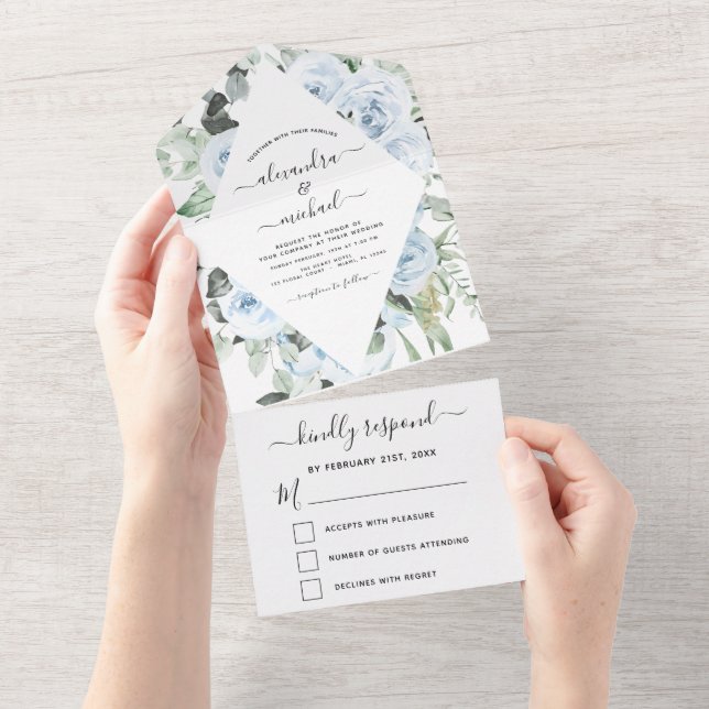 Invitation Tout En Un Dusty Blue - Sage Green Floral Wedding RSVP (Déchirure)