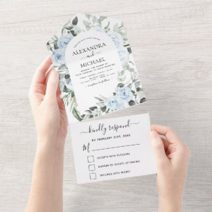 Invitation Tout En Un Dusty Blue - Sage Green Floral Wedding RSVP All In