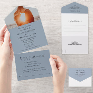 Invitation Tout En Un Dusty Blue Simple Élégant Mariage photo