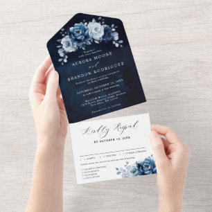 Invitation Tout En Un Dusty Blue Slate Navy Floral Botanal Mariage Tous
