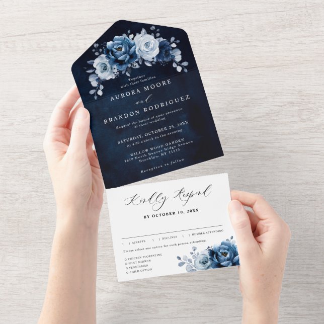 Invitation Tout En Un Dusty Blue Slate Navy Floral Botanal Mariage Tous (Déchirure)