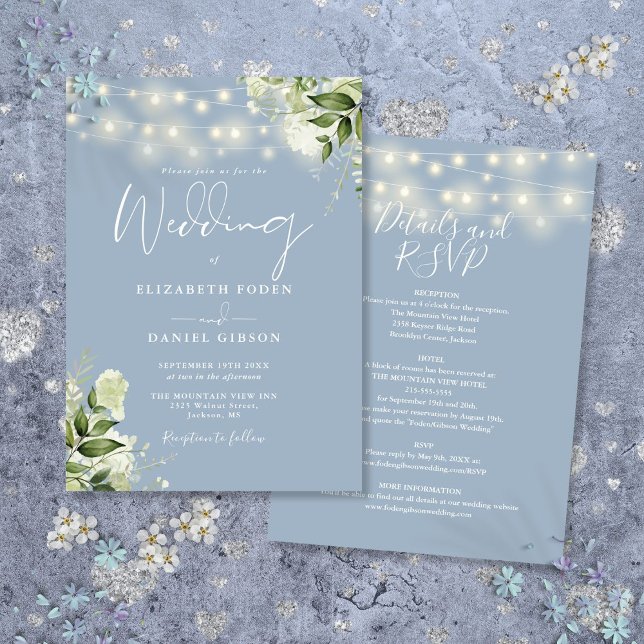 Invitation Tout en un Dusty Blue String éclaire le Mariage fl (All In One Dusty Blue String Lights Floral Wedding Invitation)