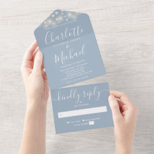Invitation Tout En Un Dusty Blue String Lights Modern Script Mariage