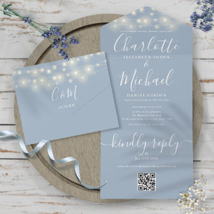 Invitation Tout En Un Dusty Blue String Lights QR Code Monogram Mariage