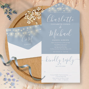 Invitation Tout En Un Dusty Blue String Lumières Élégant Mariage de scri