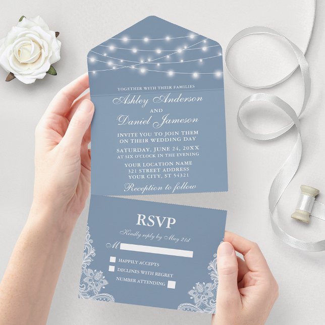 Invitation Tout En Un Dusty Blue String Mariage dentelle (All In One Wedding Invitation with tear off RSVP Card)