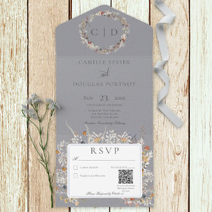 Invitation Tout En Un Dusty Blue Vintage romantique Fleur sauvage QR Cod