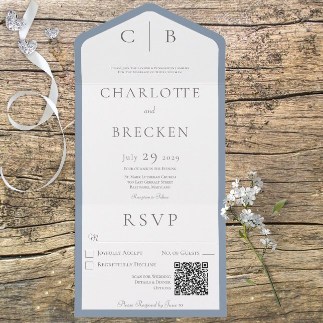 Invitation Tout En Un Dusty Blue & White Monogram Code QR minimal (Créateur téléchargé)