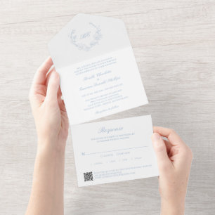 Invitation Tout En Un Dusty Blue Wreath Monogramme QR Code Mariage éléga