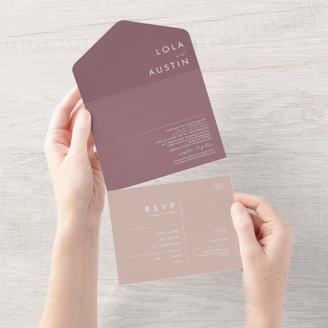 Invitation Tout En Un Dusty Boho | Sceau Rose et violet et envoi (Déchirure)