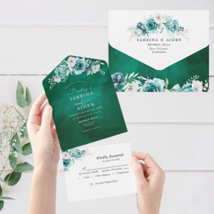 Invitation Tout En Un Dusty Emerald Green Blanc Floral Mariage