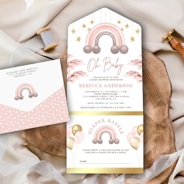 Invitation Tout En Un Dusty Pampas rose Boho Rainbow Girl Baby shower (Créateur téléchargé)
