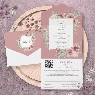 Invitation Tout En Un Dusty Rose Floral Gold géométrique QR Code Mariage