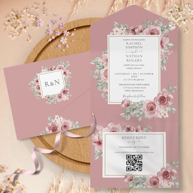 Invitation Tout En Un Dusty Rose Floral QR Code Mariage (Dusty Rose Floral QR Code Wedding All In One Invitation)