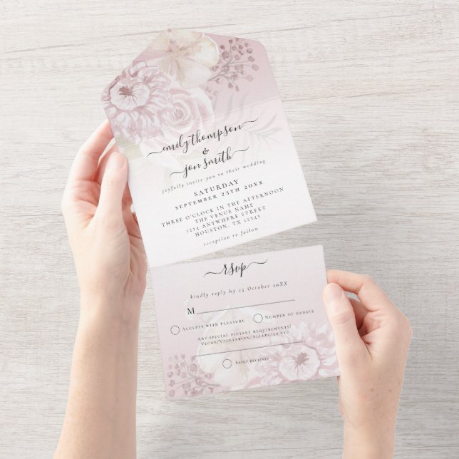 Invitation Tout En Un Dusty Rose Florals Dusty Nom du Rose Adresse Maria (Déchirure)