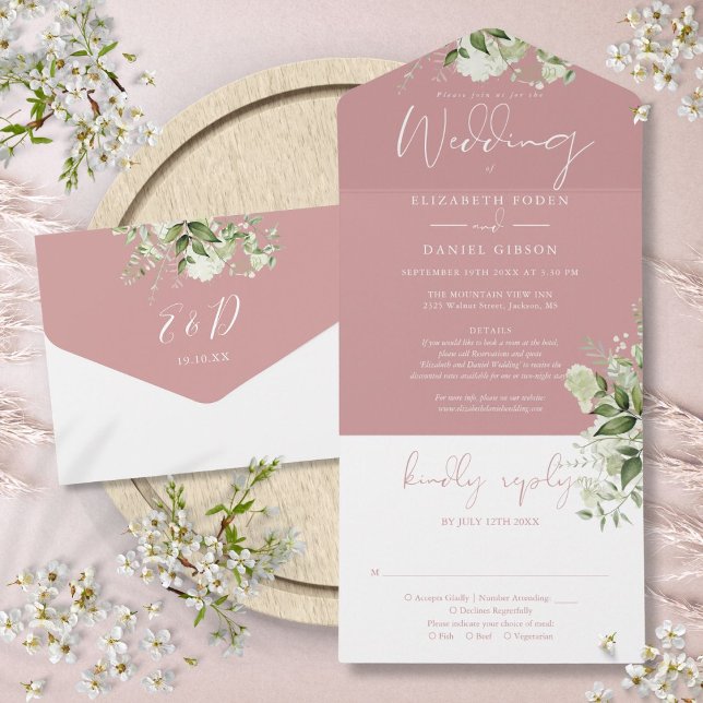 Invitation Tout En Un Dusty Rose Greenery Détails Floral RSVP Mariage (Dusty Rose Greenery Floral Details RSVP Wedding All In One Invitation)