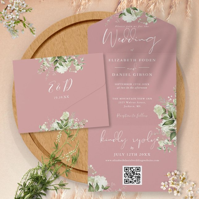 Invitation Tout En Un Dusty Rose Greenery QR Code Monogram Mariage (Créateur téléchargé)