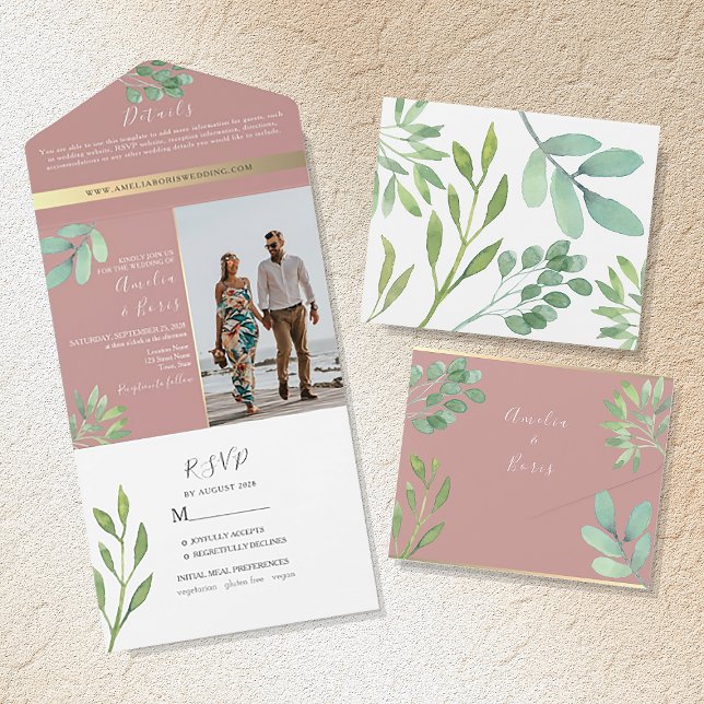 Invitation Tout En Un Dusty Rose Mariage de verdure (Créateur téléchargé)