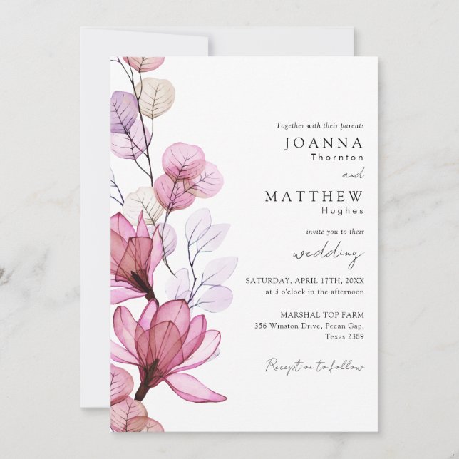 Invitation Tout en un Dusty Rose Mariage floral transparent (Devant)