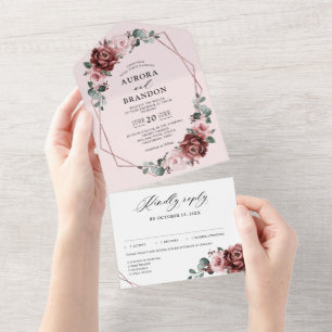 Invitation Tout En Un Dusty rose mauve Rose Floral Mariage géométrique A