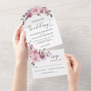 Invitation Tout En Un Dusty Rose rose Fleur Floral Détails Mariage RSVP