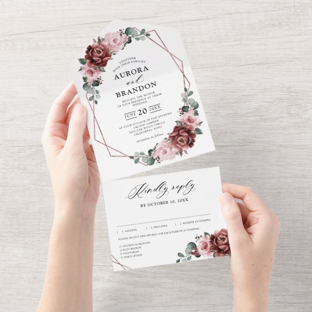 Invitation Tout En Un Dusty rose Rose floral Mariage géométrique (Déchirure)