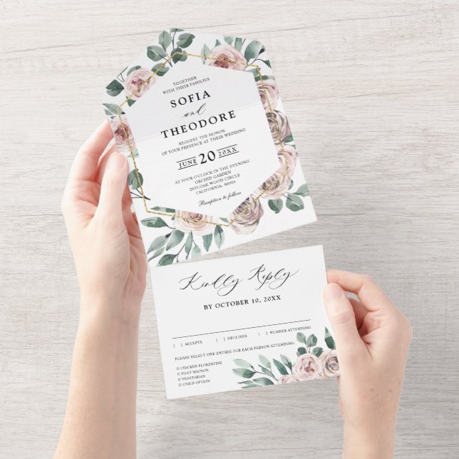 Invitation Tout En Un Dusty rose Rose floral Mariage géométrique (Déchirure)