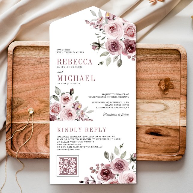 Invitation Tout En Un Dusty Rose rose floral QR Code Mariage (Créateur téléchargé)