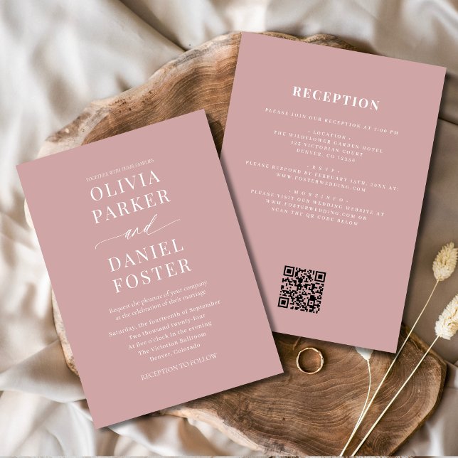 Invitation Tout en un Dusty Rose rose QR Code Mariage (Créateur téléchargé)