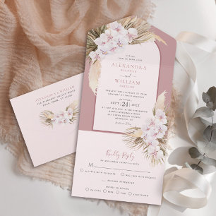 Invitation Tout En Un Dusty Rose Tropical Pampas Grass Orchidées Mariage