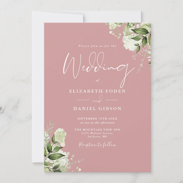 Invitation Tout en un Dusty Rose vert Mariage fleuri (Devant)