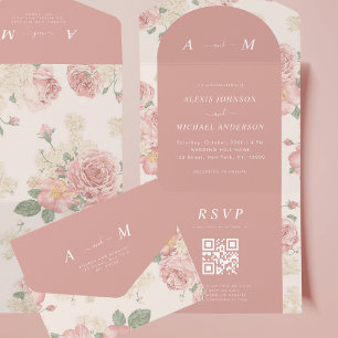 Invitation Tout En Un Dusty rose Vintage Rose Floral 60s Arc bohème