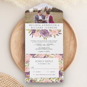 Invitation Tout En Un Dusty violet et rose pâle Mariage