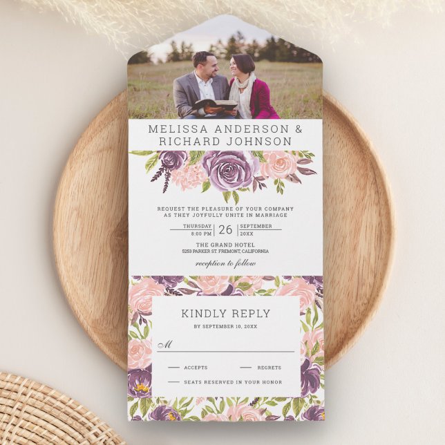 Invitation Tout En Un Dusty violet et rose pâle Mariage (Créateur téléchargé)