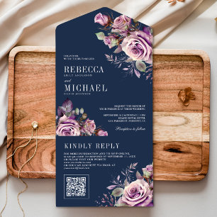 Invitation Tout En Un Dusty Violet Floral QR Code Marine Mariage bleu