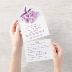 Invitation Tout En Un Eau couleur pourpre mariage repas photo RSVP