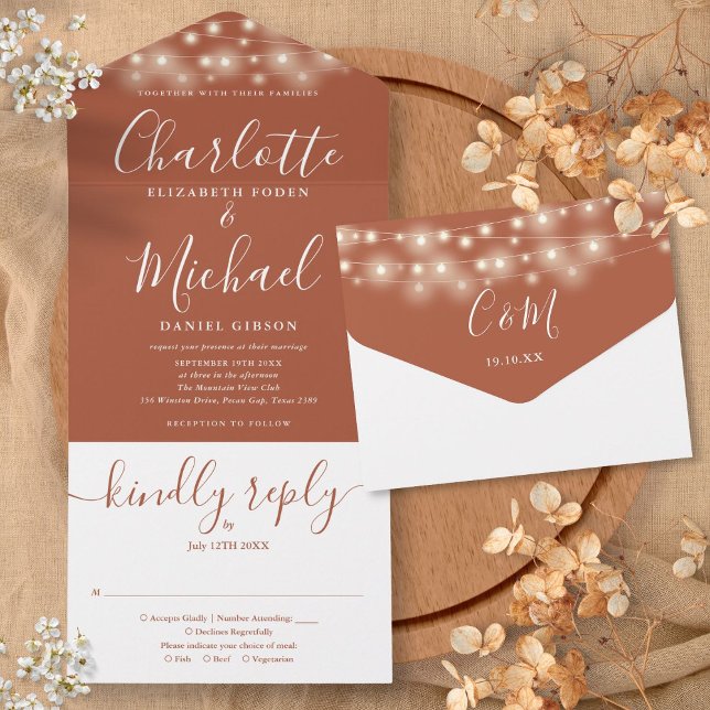 Invitation Tout En Un Éclairage à chaîne en terre cuite Élégant Mariage  (Terracotta String Lights Elegant Script Wedding All In One Invitation)
