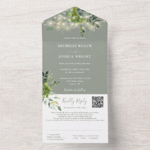Invitation Tout En Un Éclairages à cordes vertes QR Code Sage Mariage ve