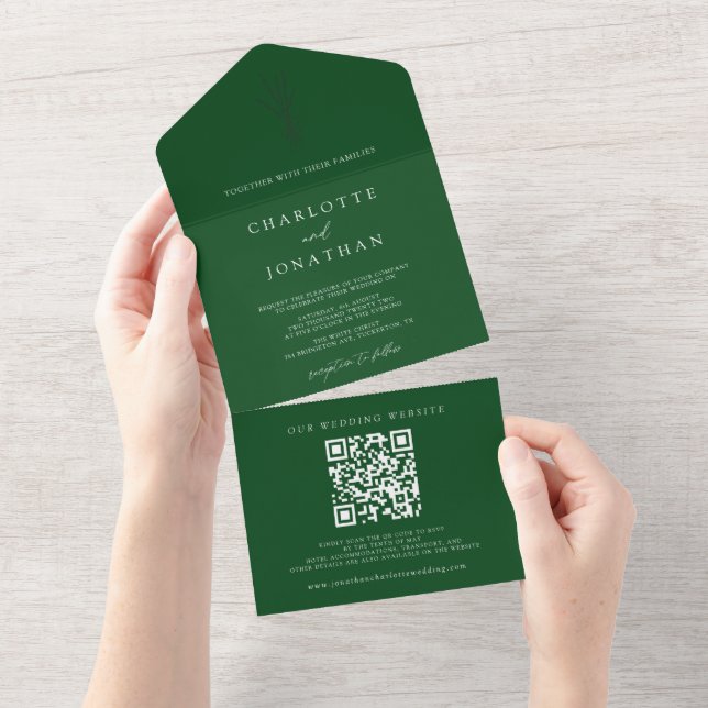 Invitation Tout En Un Élégance botanique minimale Mariage vert émeraude (Déchirure)