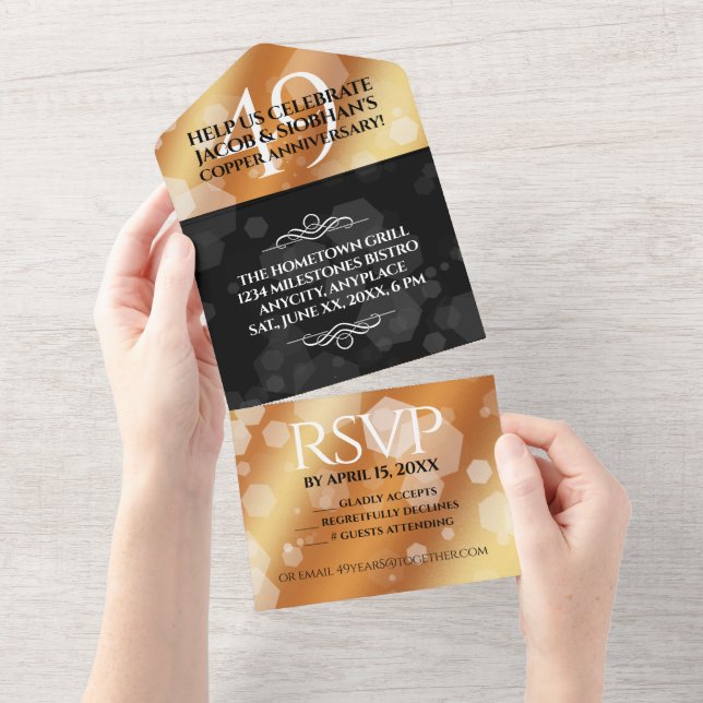 Invitation Tout En Un Élégant 49ème anniversaire de Mariage de cuivre (Déchirure)
