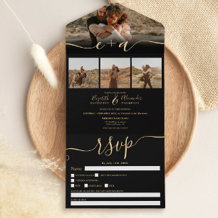Invitation Tout En Un Elégant 4 Photos or noir mariage de script moderne