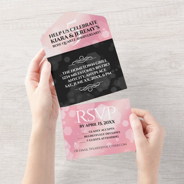 Invitation Tout En Un Élégant 5ème anniversaire Mariage de quartz Rose (Déchirure)